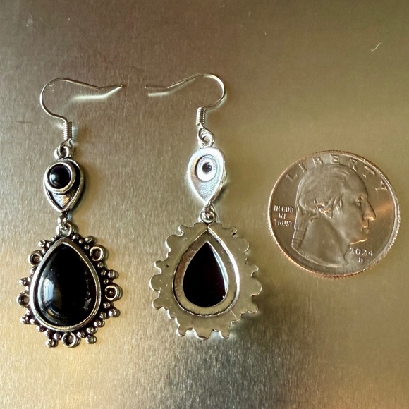 NEW Boho Silver Plated Vintage Black Stone Dangle Earrings - Picture 3 of 5